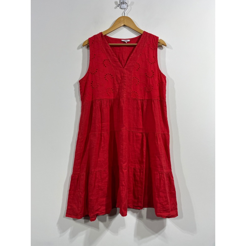 Rosemarine Linen Babydoll Tiered Eyelet Midi Dress Womens Large Resort Old Money